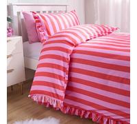 OHS Striped Bedding Double Duvet Set, Gifts for Women Super Soft Cosy Warm Ruffle Frill Edge Bedding Double Bed Set Stylish Reversible Quilt Cover with Matching Pillowcases, Pink/Red