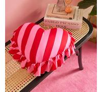 OHS Striped Heart Cushion, Valentines Gifts for Her Decorative Heart Pillow with Frill Edges for Living Room Bed Sofa Soft Comfy Cute Cuddling Pillow Home Decor, Red/Pink - 40cm