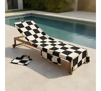 OHS Sun Lounger Beach Towels for Adults, Soft Quick-Dry Absorbent Sun Bed Towel with Pockets Lightweight Large Microfibre Beach Towel Holiday Essentials, 75 x 215cm - Monochrome Checkerboard