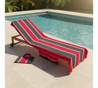 OHS Sun Lounger Towel with Pockets, Soft Absorbent Summer Holiday Essentials Stripe Beach Towels for Adults Lightweight Quick Dry Large Microfibre Beach Towel, Green/Red - 75 x 215cm