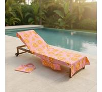 OHS Sun Lounger Towels with Pockets, Soft Quick-Dry Absorbent Beach Towels for Adults Lightweight Sun Lounger Large Microfibre Beach Towel Holiday Essentials, 75 x 215cm - Pink Orange Print