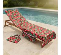 OHS Sun Lounger Towels with Pockets, Soft Quick-Dry Absorbent Beach Towels for Adults Sunbed Towel Microfibre Large Beach Towel in a Bag Summer Holiday Essentials, 75 x 215cm - Natural Cherry Leopard