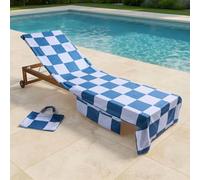 OHS Sun Lounger Towels with Pockets, Soft Quick-Dry Towel Absorbent Beach Towel in a Bag Lightweight Large Beach Towels for Adults Summer Holiday Essentials, 75 x 215cm - Blue Checkerboard