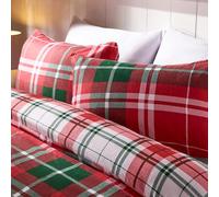 OHS Super King Christmas Bedding, Traditional Xmas Tartan Check 100% Brushed Cotton Duvet Set Quilt Cover Ultra Soft Warm Reversible Flannelette Thermal Super King Bedding with Pillowcases, Red