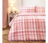OHS Superking Teddy Fleece Duvet Set, Christmas Winter Fluffy Tartan Check Sherpa Reversible Duvet Cover Super Soft Warm Thermal Superking Teddy Bear Bedding with Pillowcases, Blush Pink
