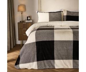 OHS Superking Teddy Fleece Duvet Set, Sherpa Reversible Gingham Check Winter Christmas Bedding Super Soft Warm Thermal Superking Duvet Set Teddy Bear Bedding with Pillowcases, Monochrome