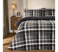 OHS Superking Teddy Fleece Duvet Set, Super Soft Warm Thermal Superking Duvet Set Classic Tartan Check Fluffy Cosy Teddy Bear Bedding with Pillowcases, Charcoal Grey