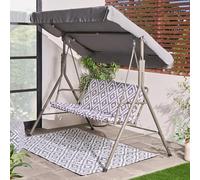 OHS Swing Bench, 3 Seater Outdoor Swing Chair Adjustable Canopy Cushioned Seats with Backrest Non-Slip Feet Garden Seat Relaxing Comfy Outdoor Patio Hammock Bench - Geometric Grey