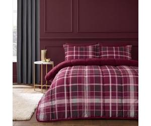 OHS Tartan Check Coverless Duvet Double Sherpa Reverse 10.5 Tog, Burgundy | Soft Cosy Winter Warm Double Duvet Set with Pillowcases Thermal Fluffy Bedding Coverless Quilt Travel Camping Blanket