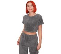 OHS Teddy Fleece Crop Top Short Sleeve Warm Soft T-Shirt Plain Pullover Casual Womens Loungewear, Warm Grey - Small 6/8