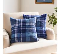 OHS Teddy Fleece Cushion Covers 45 x 45cm, Super Soft Cosy Warm Winter Check Decorative Throw Pillow Covers Pack of 2 with Invisible Zipper for Sofa Living Room Bedroom, Navy