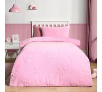 OHS Teddy Fleece Double Duvet Set, Super Soft Warm Thermal Bows Tufted Design Double Duvet Cover Set Fluffy Fleece Cosy Teddy Bear Bedding with Pillowcases, Pink