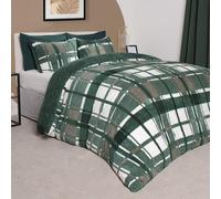 OHS Teddy Fleece Duvet Cover Set Pillowcase Bedding Check, Forest Green - King