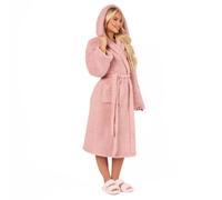 OHS Teddy Fleece Long Dressing Gown Ladies Warm House Coat Hooded, Blush