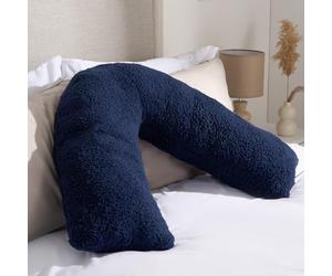 OHS Teddy Fleece V Pillow Navy Blue, Orthopaedic V Shape for Bed Sofa Super Soft Support Pillow for Sleeping Relaxing Long Snug Cushion, 80 x 60 x 25cm