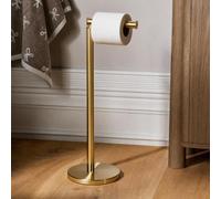 OHS Toilet Roll Holder Free Standing Metal Non Slip Heavy Base, Gold | Toilet Paper Storage Stand Easy Replacement Streamlined Horizontal Arm Rust Resistant Tissue Holder Bathroom Accessories