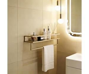 OHS Towel Rail Wall Mounted 2 Tier Towel Rack with Shelf, Sturdy Iron Towel Shelf for Bathroom Shower Storage Kitchen Space Saving Hand Towels Holder Easy to Install, Gold - 12 x 45 x 15cm
