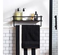 OHS Towel Rail Wall Mounted 2 Tier Towels Rack with Shelf, sturdy Iron Bathroom Towel Rail Space Saving Storage Towels Holder Easy to Install, Black - 12 x 45 x 15cm
