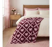 OHS Tufted Lattice Bow Teddy Fleece Blanket Bed Sofa Throw, Pink 130x160cm | Gifts for Women Reversible Large Blanket Soft Cosy Winter Warm Thermal Fluffy Throws for Armchairs Couch Settee Home Décor