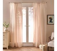 Ohs Tufted Pompom Voile Net Curtain Pair Window Panels Slot Top Set - Natural