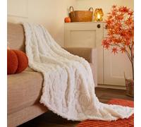 OHS Tufted Pumpkin Autumn Halloween Blanket Bed Sofa Throw, Cream 130x160cm | Halloween Gifts Fleece Blanket Super Soft Cosy Warm Fluffy Bed Throw Double Size Autumn Blanket Fall Decor for Settee Couch