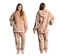 OHS Waffle Fleece Pyjamas for Women Hoodie Top and Full Length Bottom Pyjama Set Pullover Soft Warm Winter Pjs Set Two Piece Sleepwear Loungewear, Natural