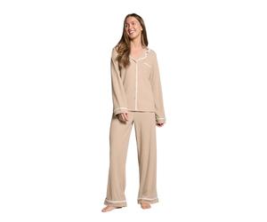 OHS Waffle Print Piped Womens Pyjamas Set Long Sleeve Shirt and Full Length Bottom Womens Pyjamas Bride Pjs Set Two Piece Button Down Soft Warm Winter Nightwear Sleepwear, Natural - S/M