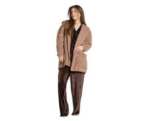 OHS Waterfall Teddy Fleece Cardigan Longer Length Open-Front Long-Sleeve Wrap Style Cardigan Sweater with Pockets - Blush Cream, Grey