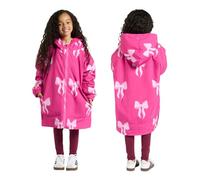 OHS Waterproof Changing Robe, Bow Print Kids Dry Robe Lightweight Fleece Lining Oversized Girls Rain Coat with Hood & Pockets Breathable Waterproof Coat for Beach Surfing Outdoor, Pink - S/M