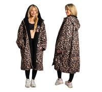 OHS Waterproof Changing Robe for Adults, Oversized Change Robe Coat with Hood & Pockets Fleece Lining Long Sleeve Jacket for Beach Surfing Lounging - Leopard Print, Large