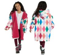 OHS Waterproof Jacket Kids Changing Robe, Oversized Raincoat Lightweight Fleece Lining Dry Robe with Hood & Pockets Breathable Boys Girls Clothing for Beach Surfing Outdoor, Multi Harlequin - L/XL