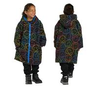 OHS Waterproof Jacket Kids Changing Robe, Oversized Raincoat Lightweight Fleece Lining Dry Robe with Hood & Pockets Breathable Boys Girls Clothing for Beach Surfing Outdoor, Neon Smiley- S/M