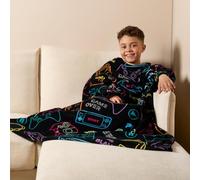 OHS Wearable Blanket Kids Gaming, Ultra Soft Snuggle Blanket for Boys Girls Fleece Blanket Hands Free Sleeves for Gaming Relaxing TV - Black, 125cm x 100cm