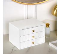 OHS White Wooden Desktop Drawers Ribbed, Small Desktop Organizer Office Supplies Filing Tidy Storage Shelf Stackable Makeup Container Jewellery Box Storage Cabinet with 3 Drawers