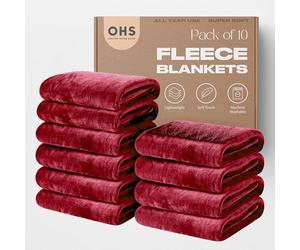 OHS Wholesale 10 x Plain Fleece Blankets Bulk Burgundy Throw, Super Soft Cosy Warm Blankets for Bed Sofas Settee Joblot Single Bed Throws Lightweight Throw Blanket, 120 x 150cm