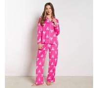 OHS Women's Bow Print Matte Velvet Button Through Pyjama Set Nightwear in Bright Pink | Size: Large/XL OHS Bright Pink L/XL