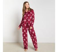 OHS Women's Bow Print Matte Velvet Button Through Pyjama Set Nightwear in Burgundy | Size: Large/XL OHS Burgundy L/XL