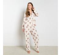 OHS Women's Bow Print Matte Velvet Button Through Pyjama Set Nightwear in Cream | Size: S/M OHS Cream S/M