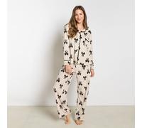 OHS Women's Bow Print Matte Velvet Button Through Pyjama Set Nightwear in Natural White | Size: S/M OHS Natural White S/M