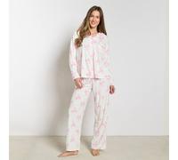 OHS Women's Bow Print Matte Velvet Button Through Pyjama Set Nightwear in White | Size: Large/XL OHS White L/XL