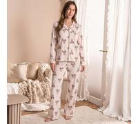 OHS Women's Bows Button Through Long Sleeve Pyjama Set Loungewear in Cream | Size: S/M OHS Cream S/M