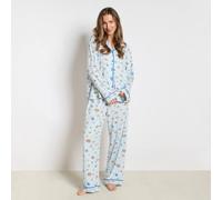 OHS Women's Breakfast Print Piped Jersey Button Through Pyjama Set Nightwear in Blue | Size: Large/XL OHS Blue L/XL