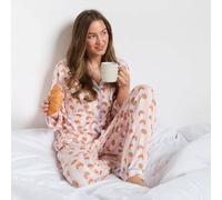 OHS Women's Breakfast Print Piped Jersey Button Through Pyjama Set Nightwear in Pink | Size: Large/XL OHS Pink L/XL