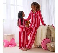 OHS Women's Candy Stripe Button Through Winter Pyjama Set Loungewear in Bright Pink | Size: S/M OHS Bright Pink S/M