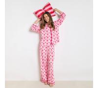 OHS Women's Cherry Bow Print Jersey Button Through Pyjama Set Nightwear in Pink | Size: S/M OHS Pink S/M