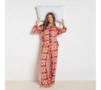 OHS Women's Geo Print Piped Jersey Button Through Pyjama Set Nightwear in Coral | Size: S/M OHS Coral S/M