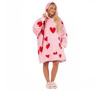 OHS Women's Oversized Sherpa Fleece Heart Print Hoodie Blanket in Bright Pink OHS Bright Pink One Size