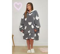 OHS Women's Oversized Sherpa Fleece Heart Print Hoodie Blanket in Charcoal OHS Charcoal One Size