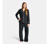 OHS Women's Piped Edge Matte Velvet Button Through Pyjama Set Nightwear PJs in Black | Size: S/M OHS Black S/M