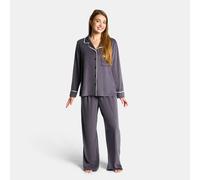 OHS Women's Piped Edge Matte Velvet Button Through Pyjama Set Nightwear PJs in Charcoal | Size: Large/XL OHS Charcoal L/XL